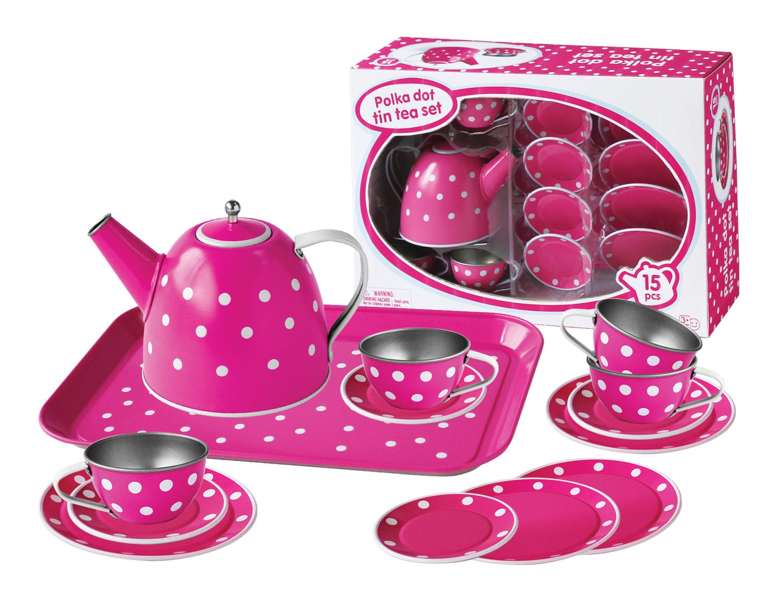 WHITE POLKA DOT ON PINK TIN TEA SET 15PCS - Kids Toy Chest 