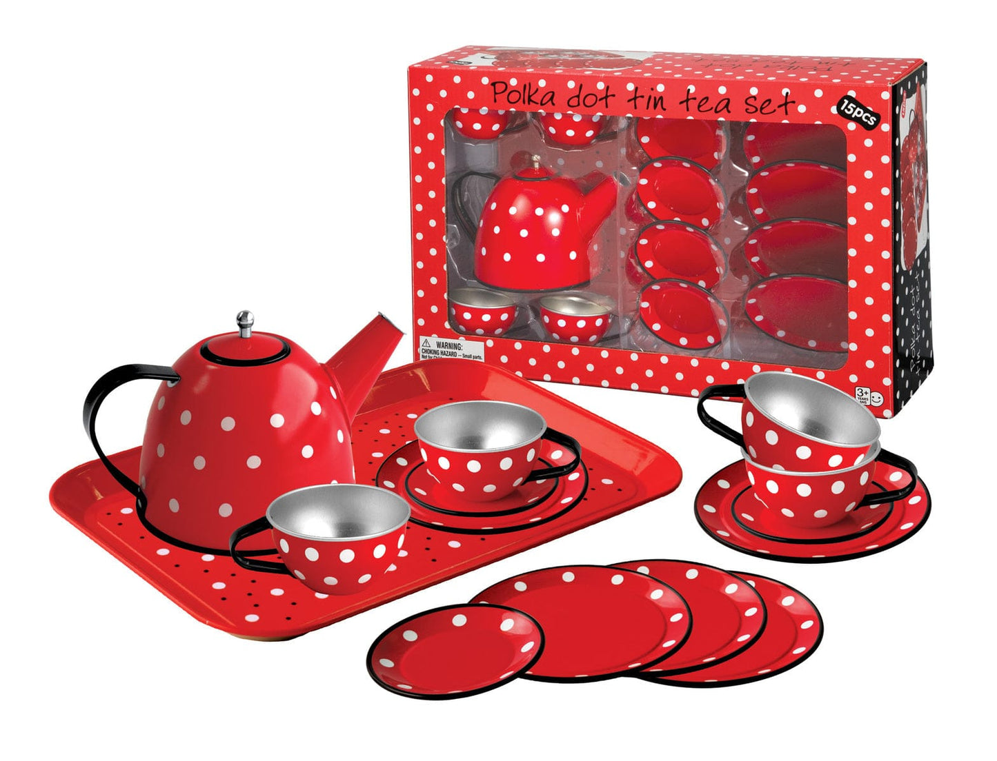 RED POLKA DOT BLACK TRIM TIN TEA SET 15PCS - Kids Toy Chest 