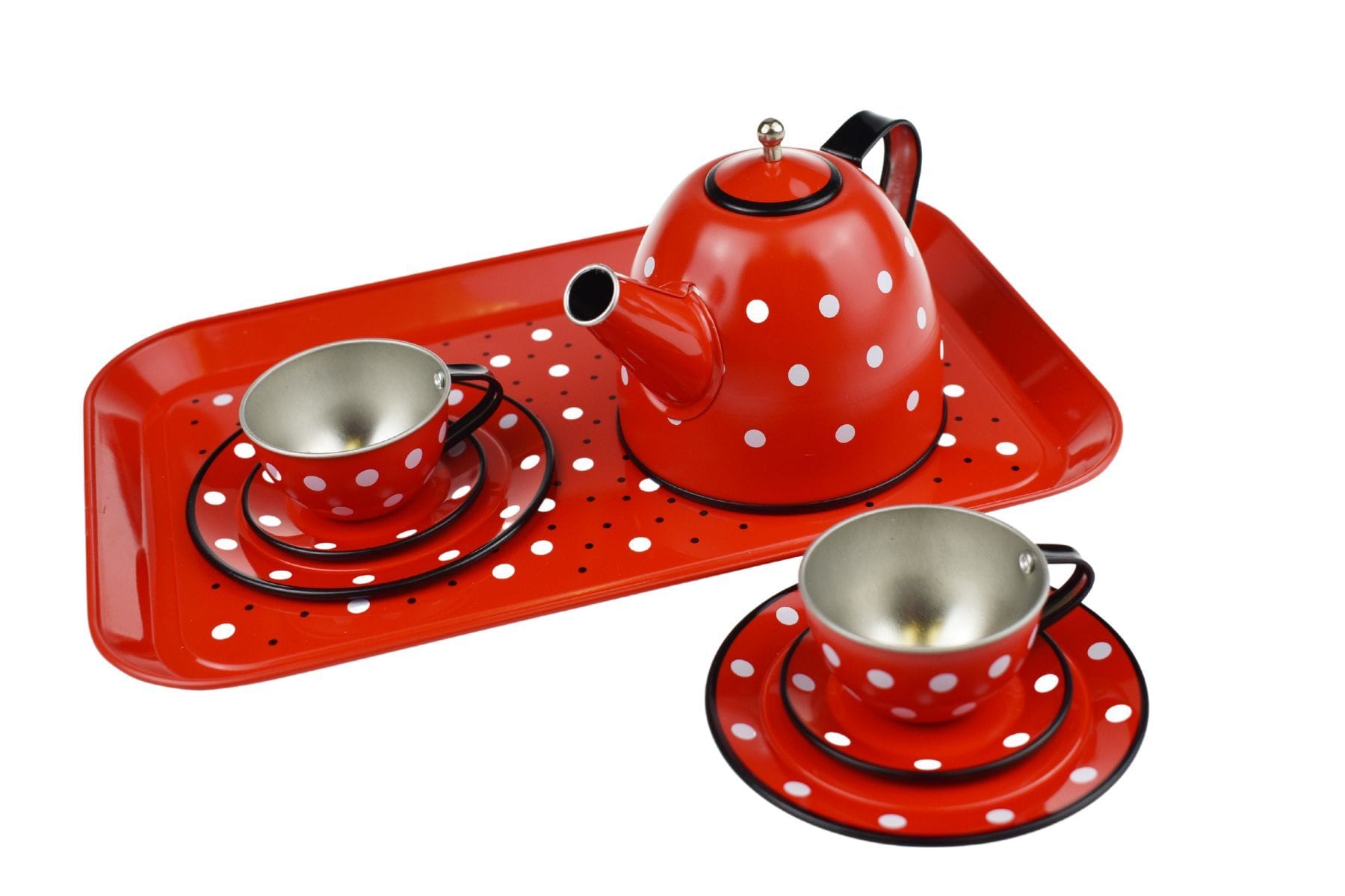 RED POLKA DOT BLACK TRIM TIN TEA SET 15PCS - Kids Toy Chest 