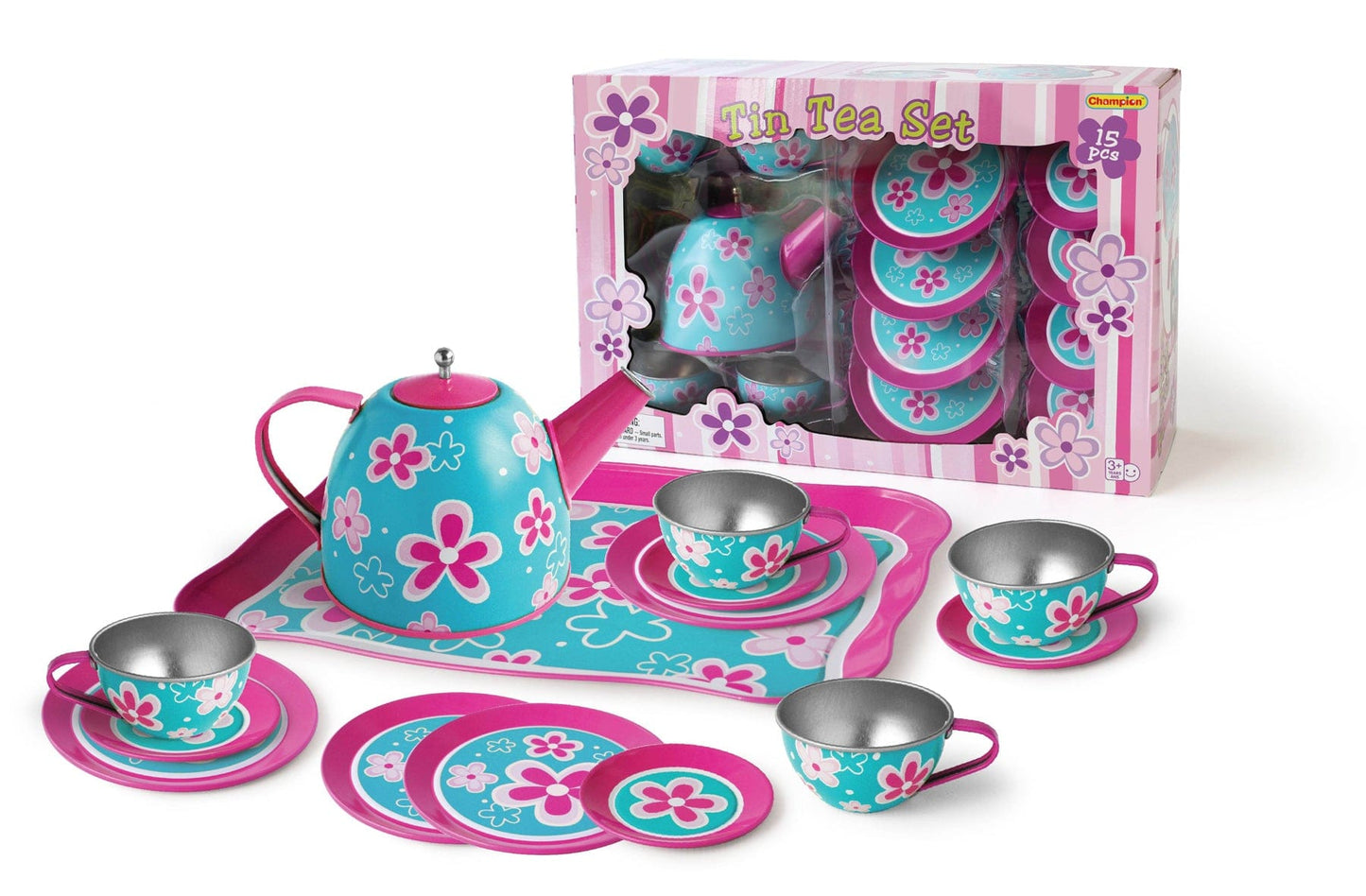 PINK FLOWER TIN TEA SET 15PCS - Kids Toy Chest 