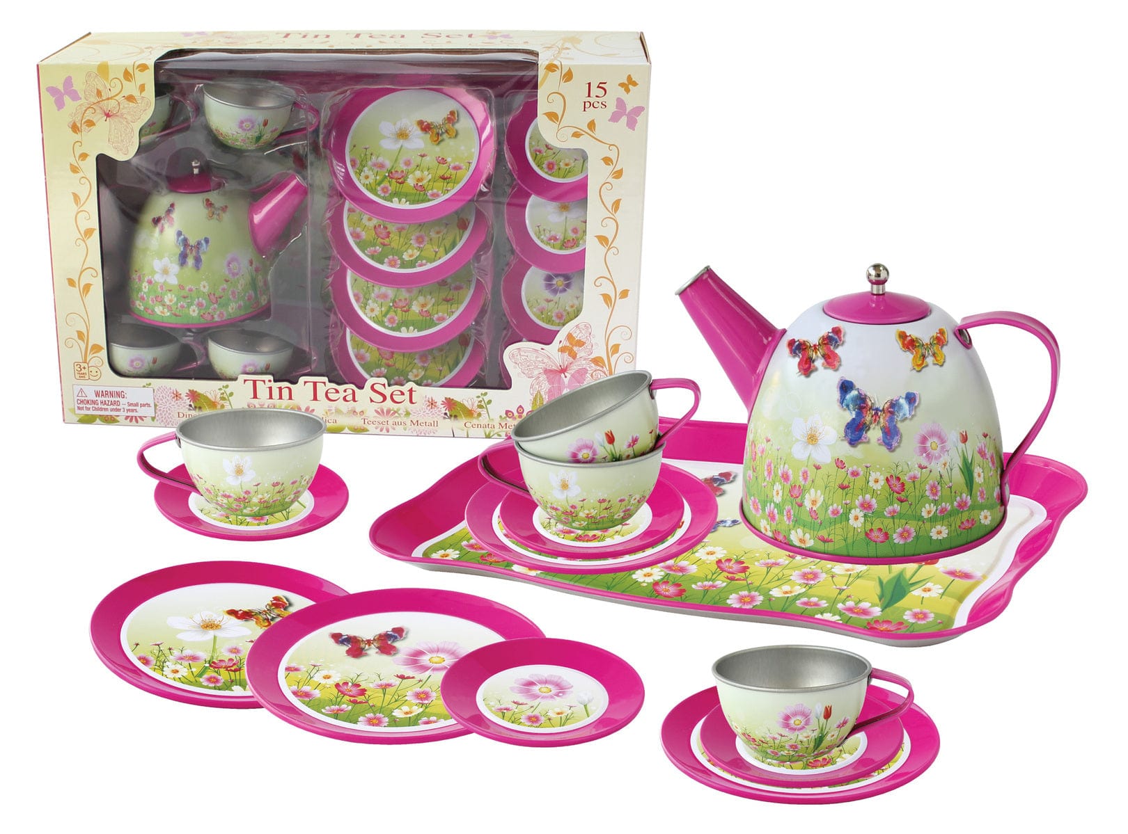 PINK BUTTERFLY TIN TEA SET 15PCS - Kids Toy Chest 