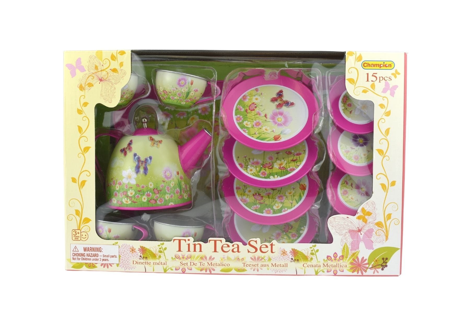 PINK BUTTERFLY TIN TEA SET 15PCS - Kids Toy Chest 