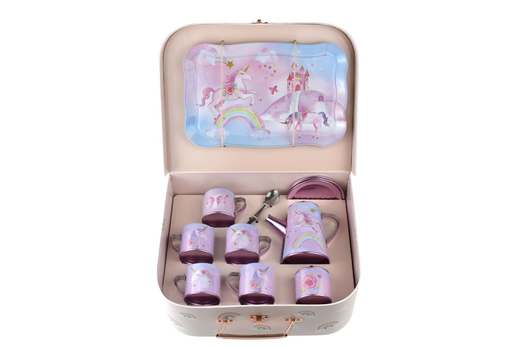 RAINBOW UNICORN TIN TEA MUG SET IN SUITCASE 18PCS - Kids Toy Chest 