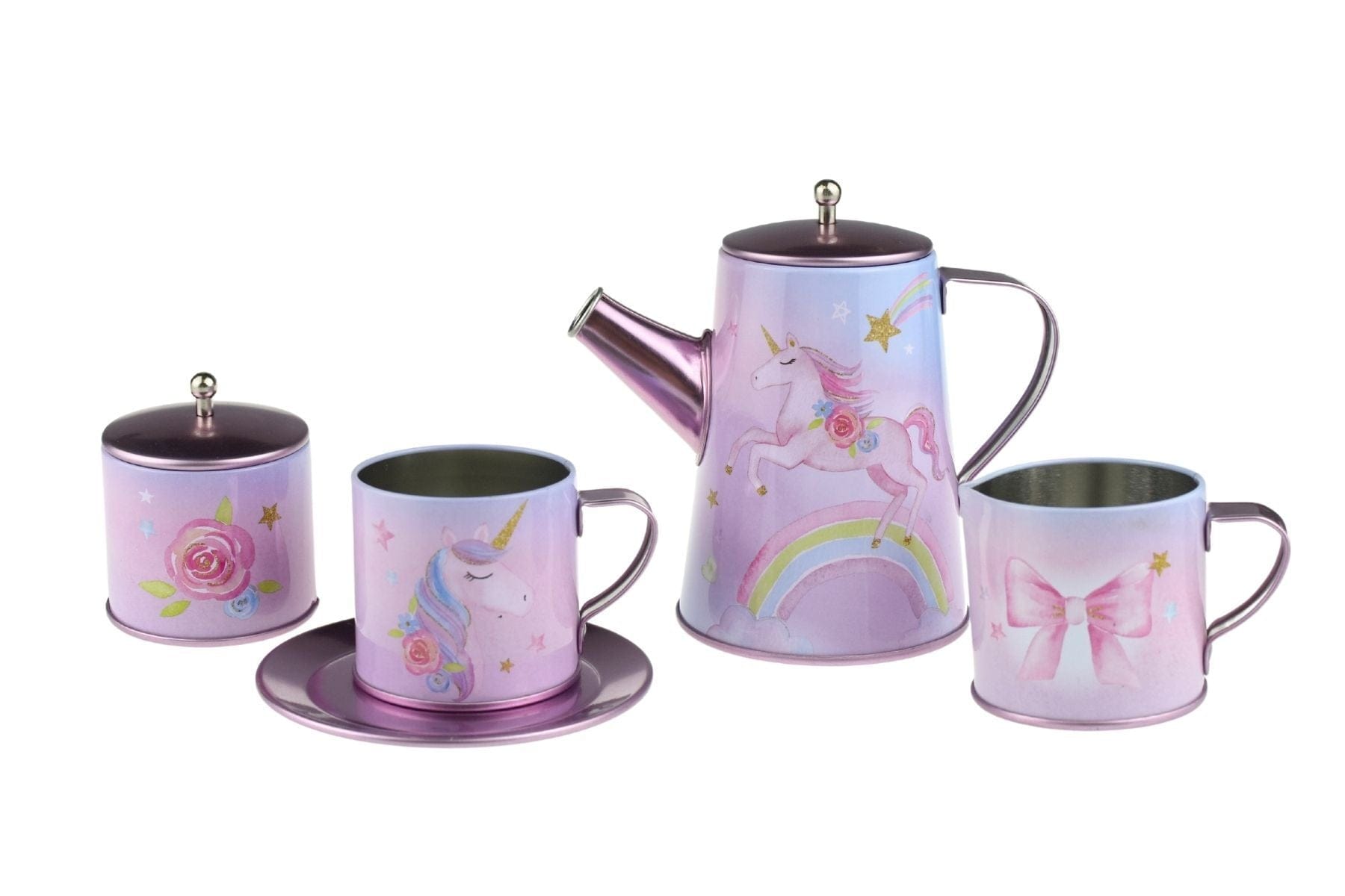 RAINBOW UNICORN TIN TEA MUG SET IN SUITCASE 18PCS - Kids Toy Chest 