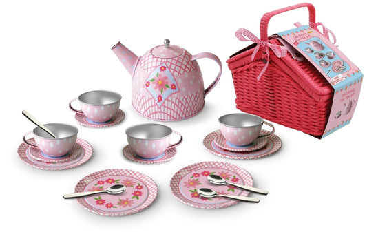 FLORAL TIN TEA SET IN PICNIC BASKET 18PCS - Kids Toy Chest 