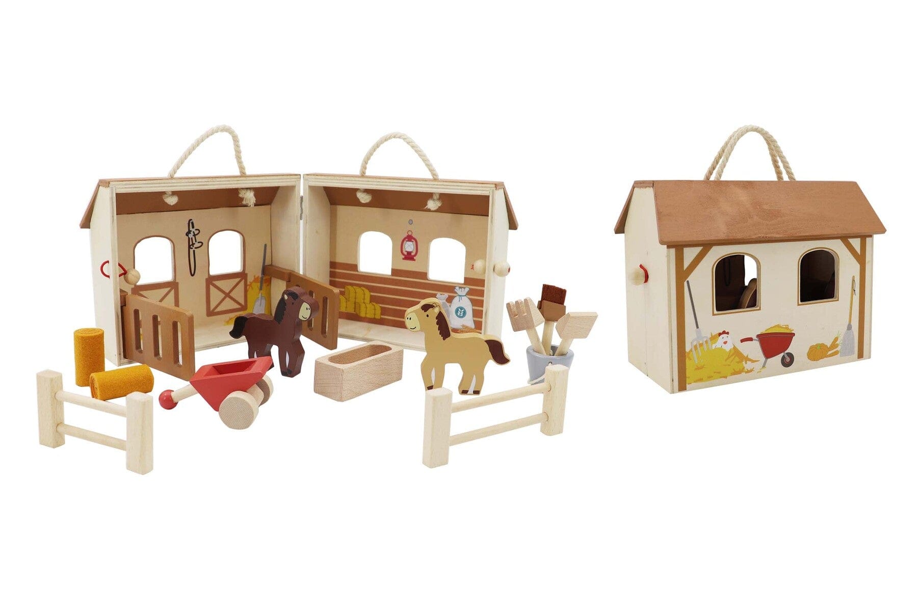 WOODEN PORTABLE HORSE STABLE PLAYSET - Kids Toy Chest 