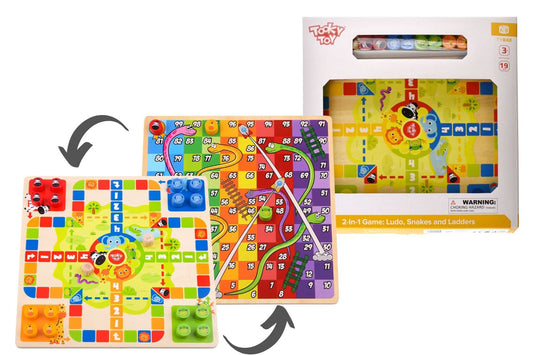 2 IN 1 WOODEN BOARD GAME - LUDO, SNAKES AND LADDERS - Kids Toy Chest 