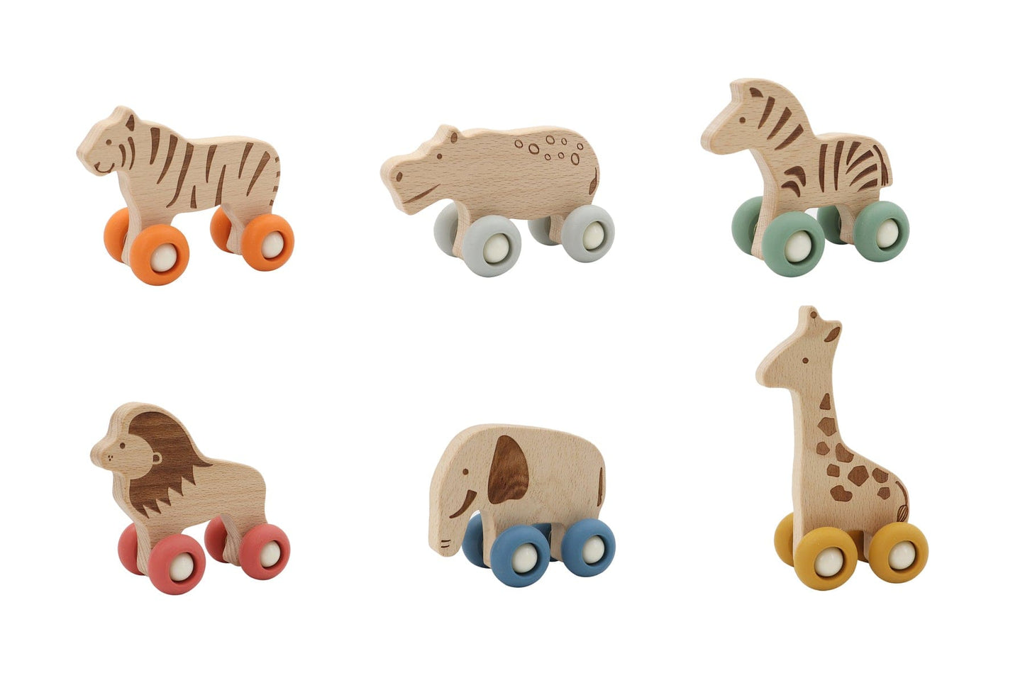 Kids Toy Chest Brand-Calm & Breezy, Toys-Vehicles WILDLIFE WOODEN ANIMAL WITH SILICONE WHEELS PACK OF 6