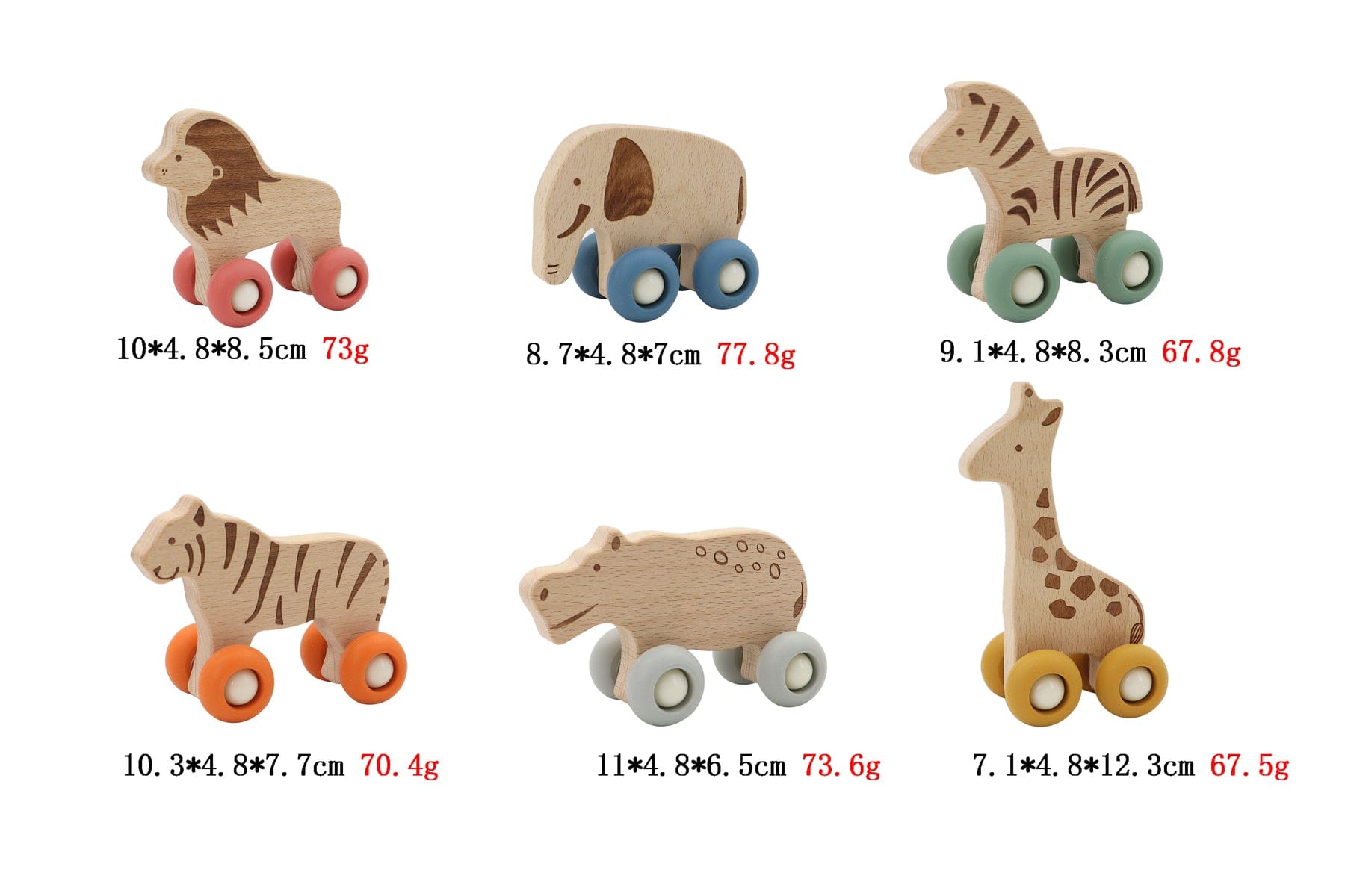 Kids Toy Chest Brand-Calm & Breezy, Toys-Vehicles WILDLIFE WOODEN ANIMAL WITH SILICONE WHEELS PACK OF 6