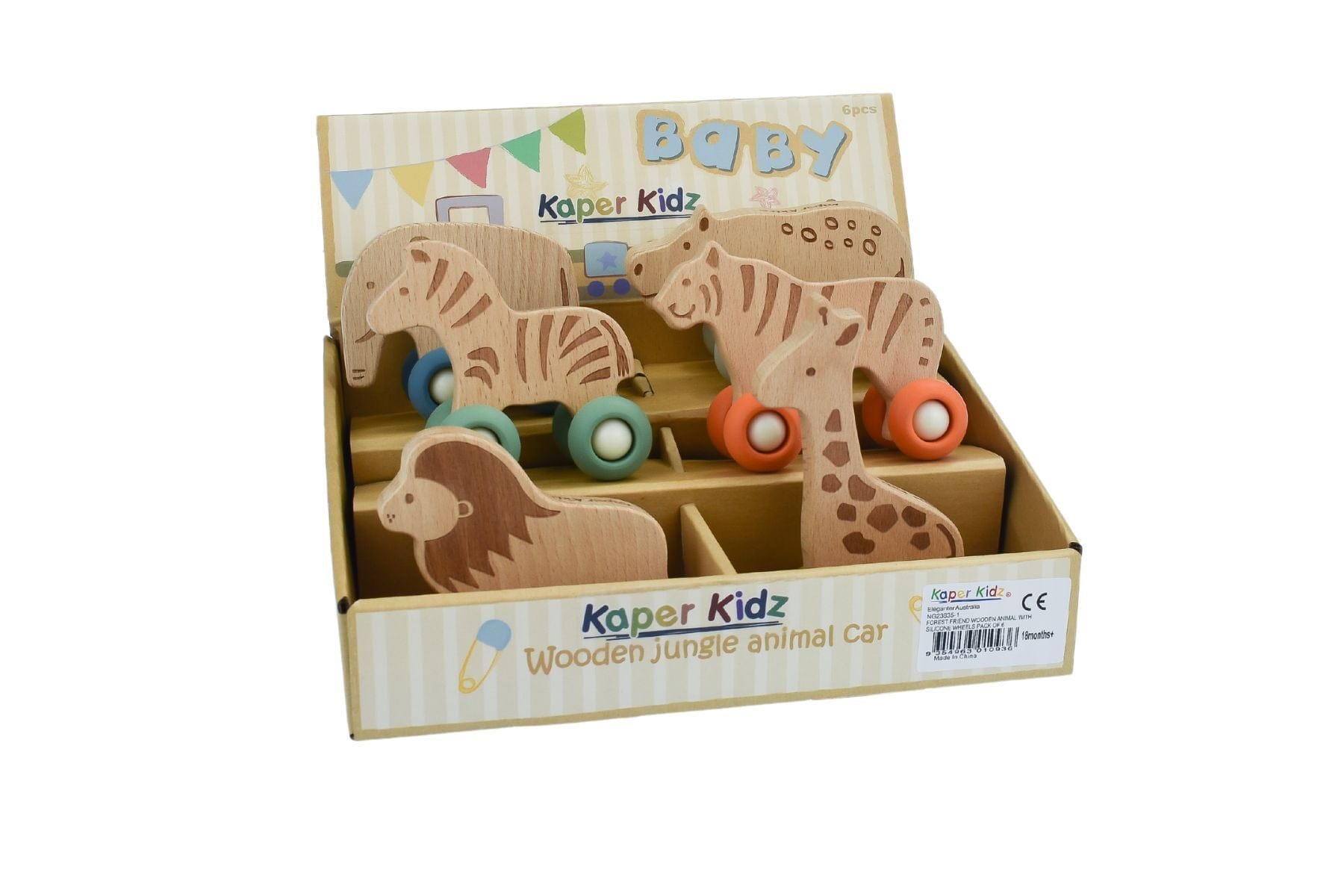 Kids Toy Chest Brand-Calm & Breezy, Toys-Vehicles WILDLIFE WOODEN ANIMAL WITH SILICONE WHEELS PACK OF 6