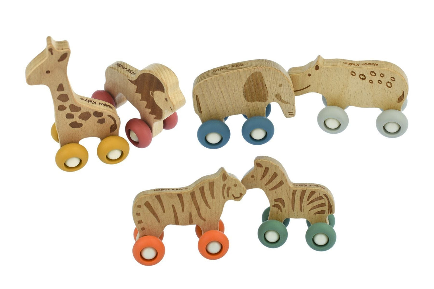 Kids Toy Chest Brand-Calm & Breezy, Toys-Vehicles WILDLIFE WOODEN ANIMAL WITH SILICONE WHEELS PACK OF 6