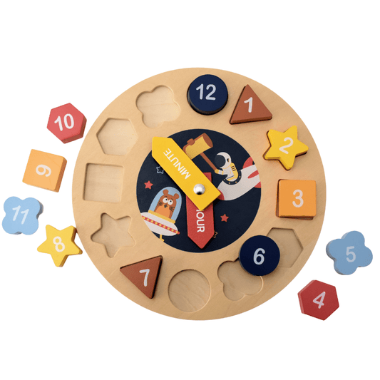 Kids Toy Chest Brand-Kaper Kidz, Games-Block Puzzles, Games-Educational SPACE CLOCK WOODEN SHAPE SORTER AND PUZZLE