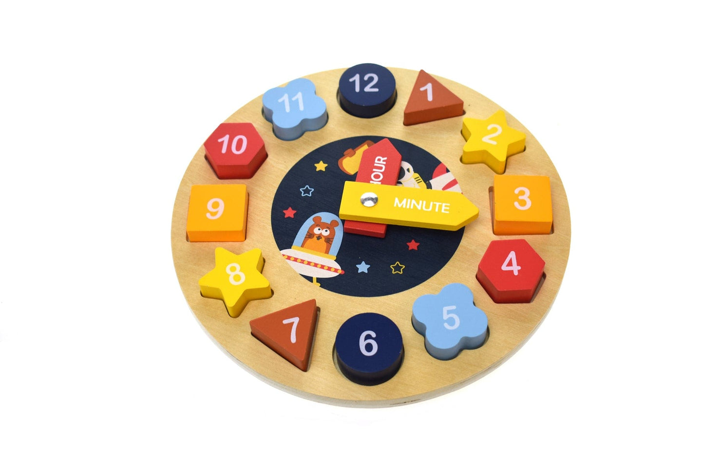 Kids Toy Chest Brand-Kaper Kidz, Games-Block Puzzles, Games-Educational SPACE CLOCK WOODEN SHAPE SORTER AND PUZZLE