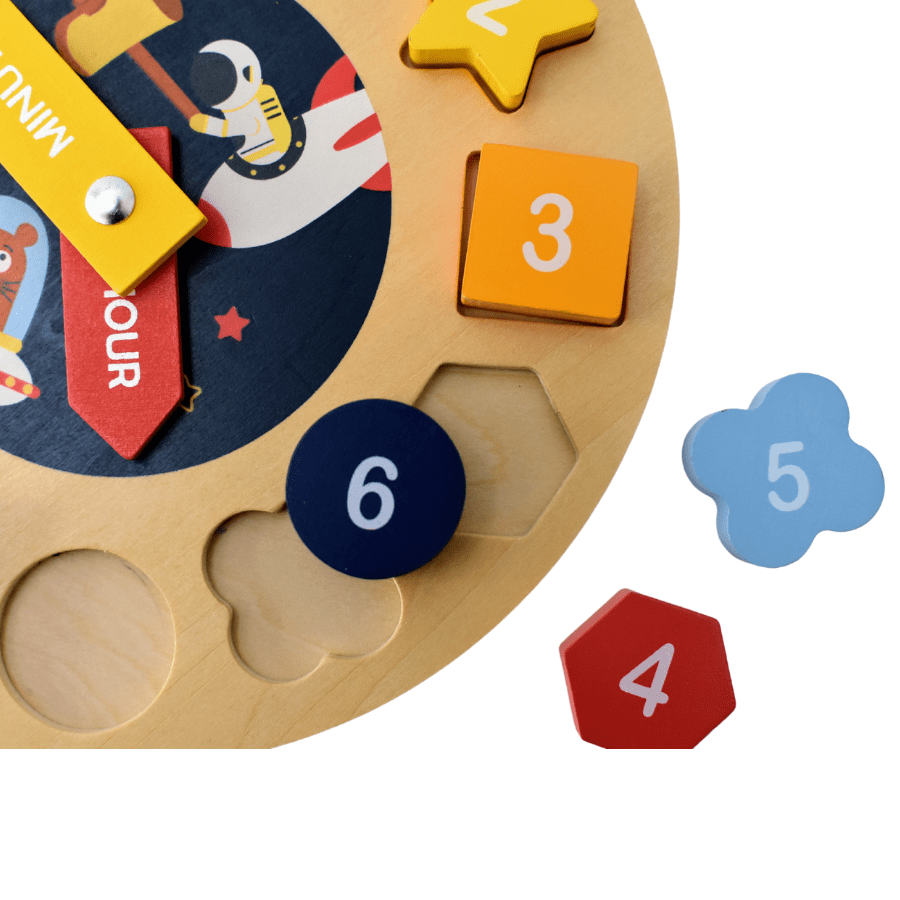 Kids Toy Chest Brand-Kaper Kidz, Games-Block Puzzles, Games-Educational SPACE CLOCK WOODEN SHAPE SORTER AND PUZZLE