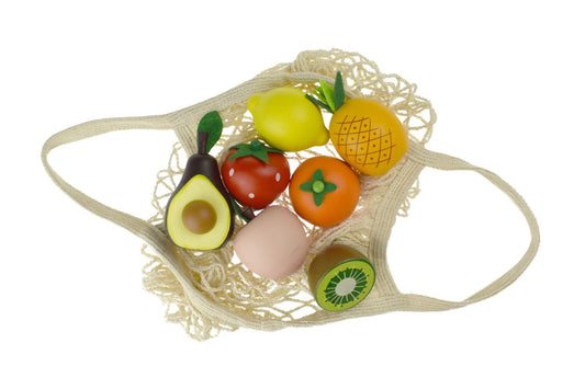 Kids Toy Chest Brand-Kaper Kidz, Toys-Cooking & Dining, Toys-Pretend Play WOODEN FRUITS 7-PC SET WITH COTTON MESH SHOPPING BAG