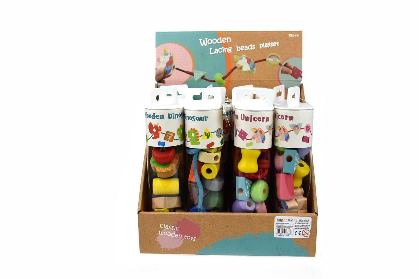 Kids Toy Chest Brand-Kaper Kidz, Toys-Educational WOODEN  DINOSAUR LACING BEAD SET IN TUBE