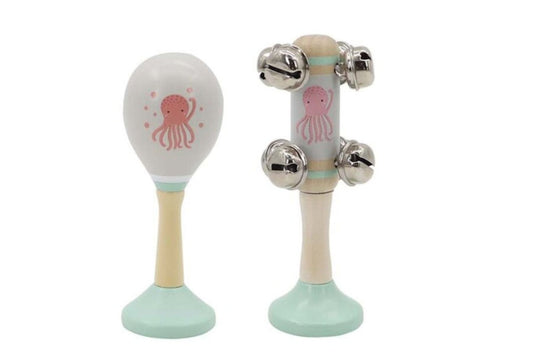 Kids Toy Chest Brand-Kaper Kidz, Toys-Musical Toys CALM & BREEZY OCTOPUS WOODEN MARACA & BELL STICK 2PC MUSIC SET