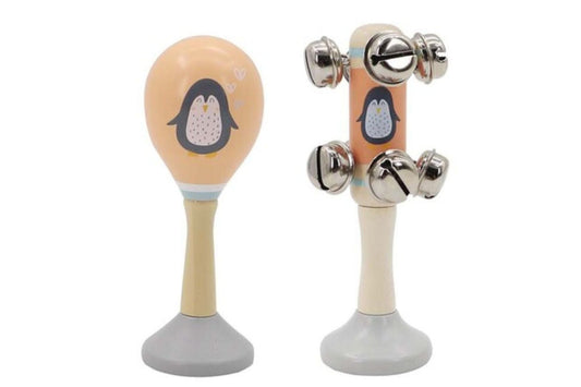 Kids Toy Chest Brand-Kaper Kidz, Toys-Musical Toys CALM & BREEZY PENGUIN WOODEN MARACA & BELL STICK 2PC MUSIC SET