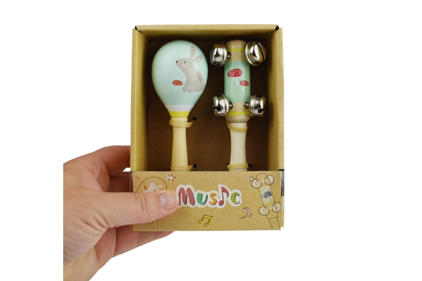 Kids Toy Chest Brand-Kaper Kidz, Toys-Musical Toys CALM & BREEZY RABBIT WOODEN MARACA & BELL STICK SET