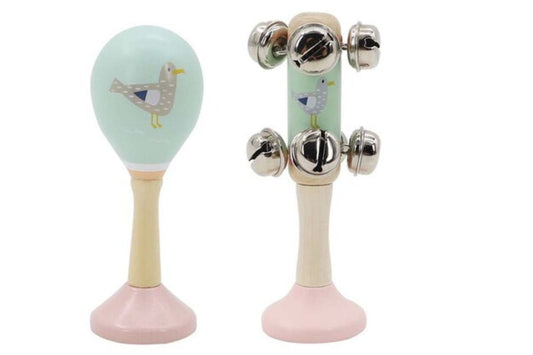 Kids Toy Chest Brand-Kaper Kidz, Toys-Musical Toys CALM & BREEZY SEAGULL WOODEN MARACA & BELL STICK 2PC MUSIC SET