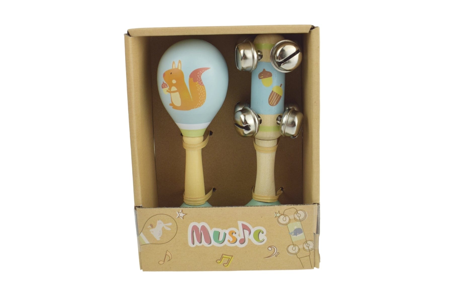 Kids Toy Chest Brand-Kaper Kidz, Toys-Musical Toys CALM & BREEZY SQUIRREL WOODEN MARACA & BELL STICK SET