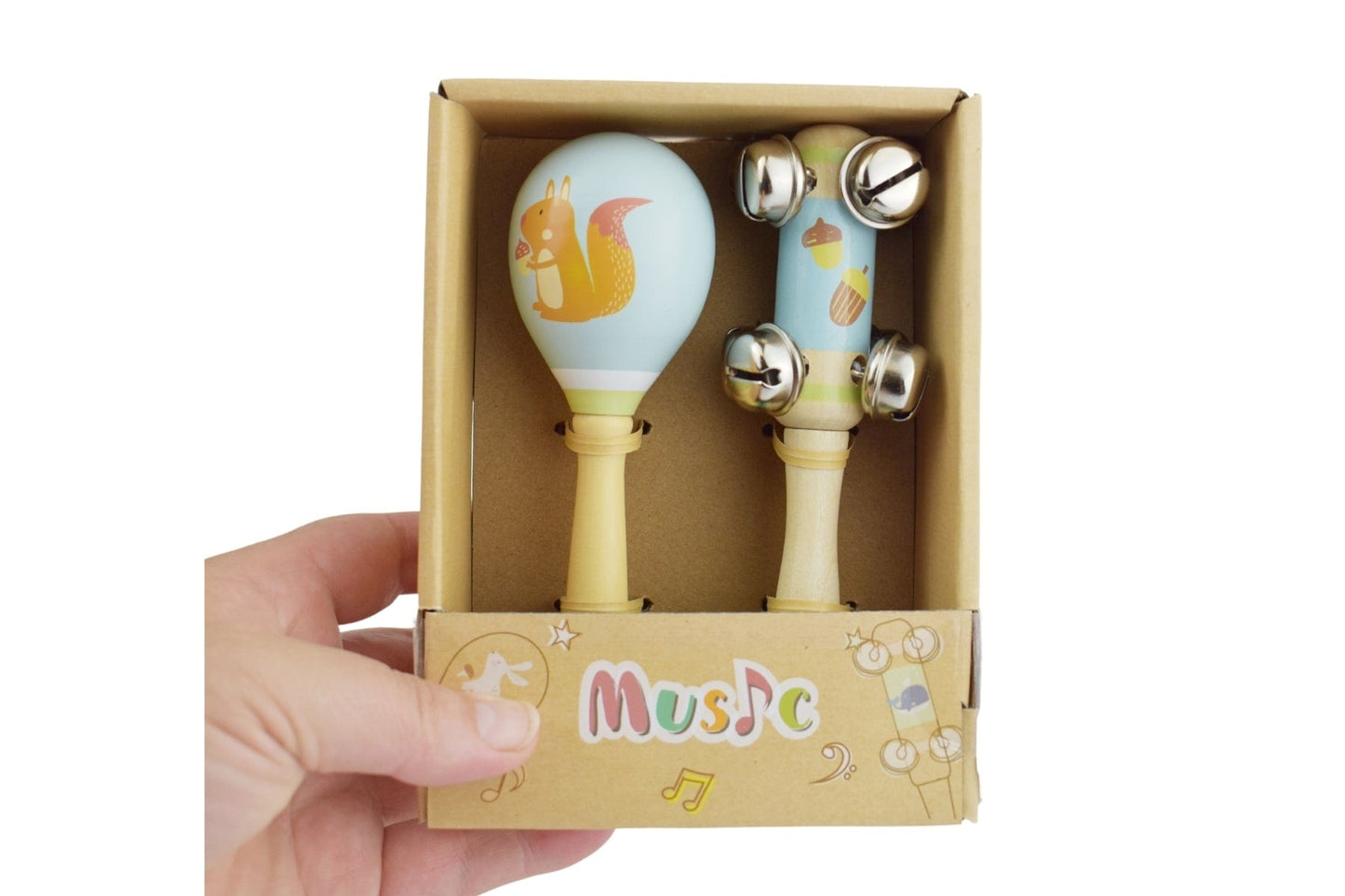 Kids Toy Chest Brand-Kaper Kidz, Toys-Musical Toys CALM & BREEZY SQUIRREL WOODEN MARACA & BELL STICK SET