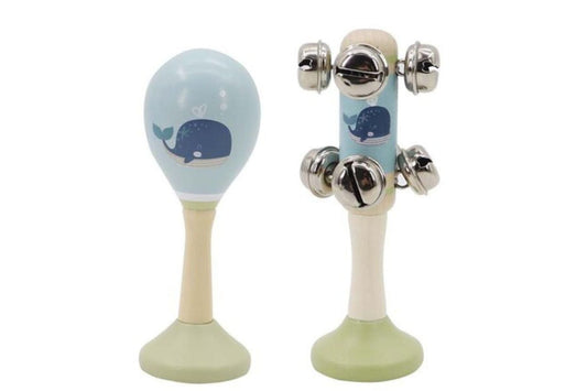 Kids Toy Chest Brand-Kaper Kidz, Toys-Musical Toys CALM & BREEZY WHALE WOODEN MARACA & BELL STICK 2PC MUSIC SET