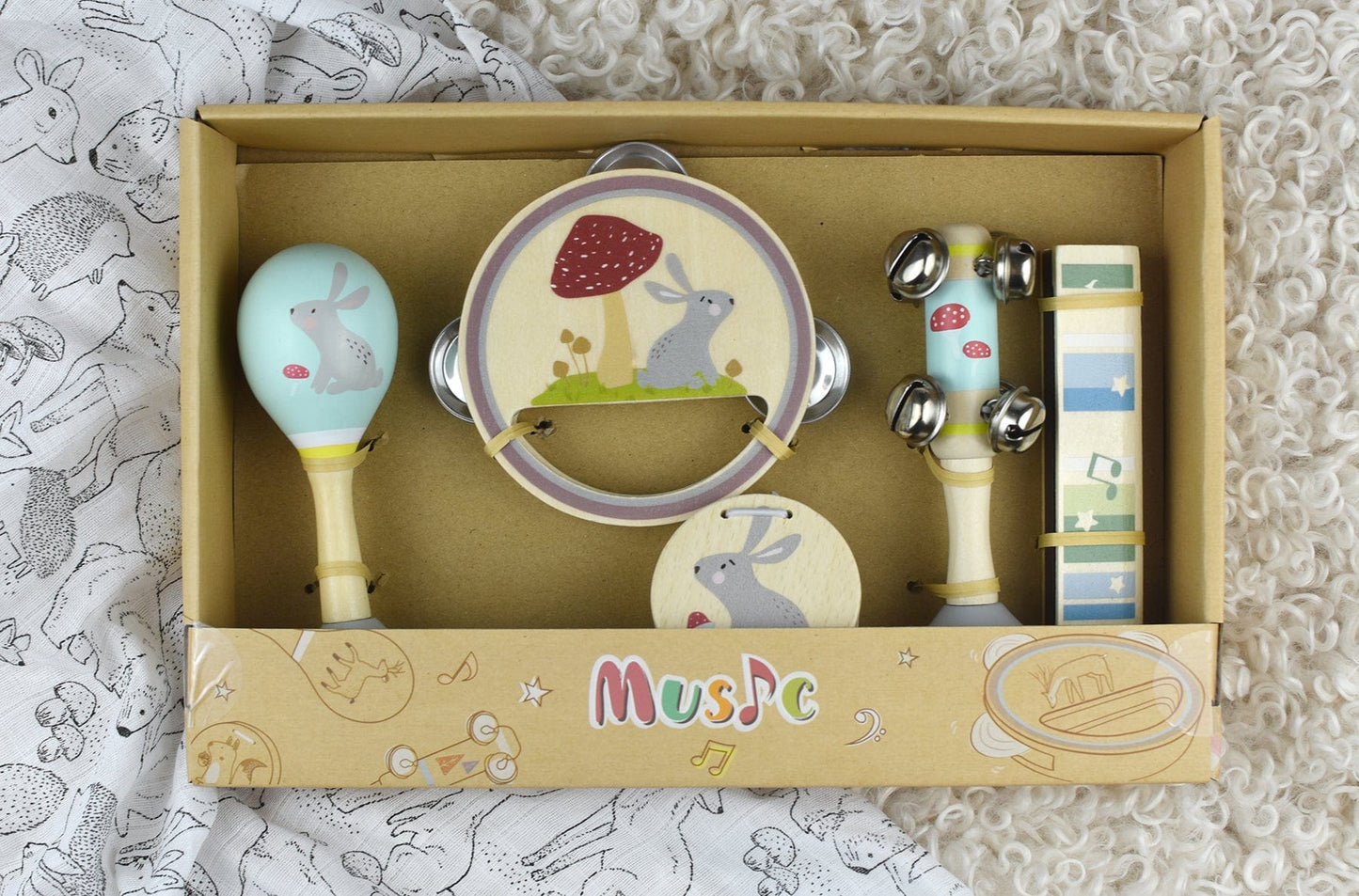 Kids Toy Chest Brand-Kaper Kidz, Toys-Musical Toys, X-FSC Certified CALM & BREEZY RABBIT WOODEN 5PCS MUSICAL SET