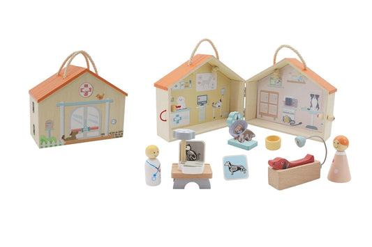 Kids Toy Chest Brand-Kaper Kidz, Toys-Playsets Puppets & Figurines WOODEN PORTABLE VETERINARY PET HOSPITAL PLAYSET