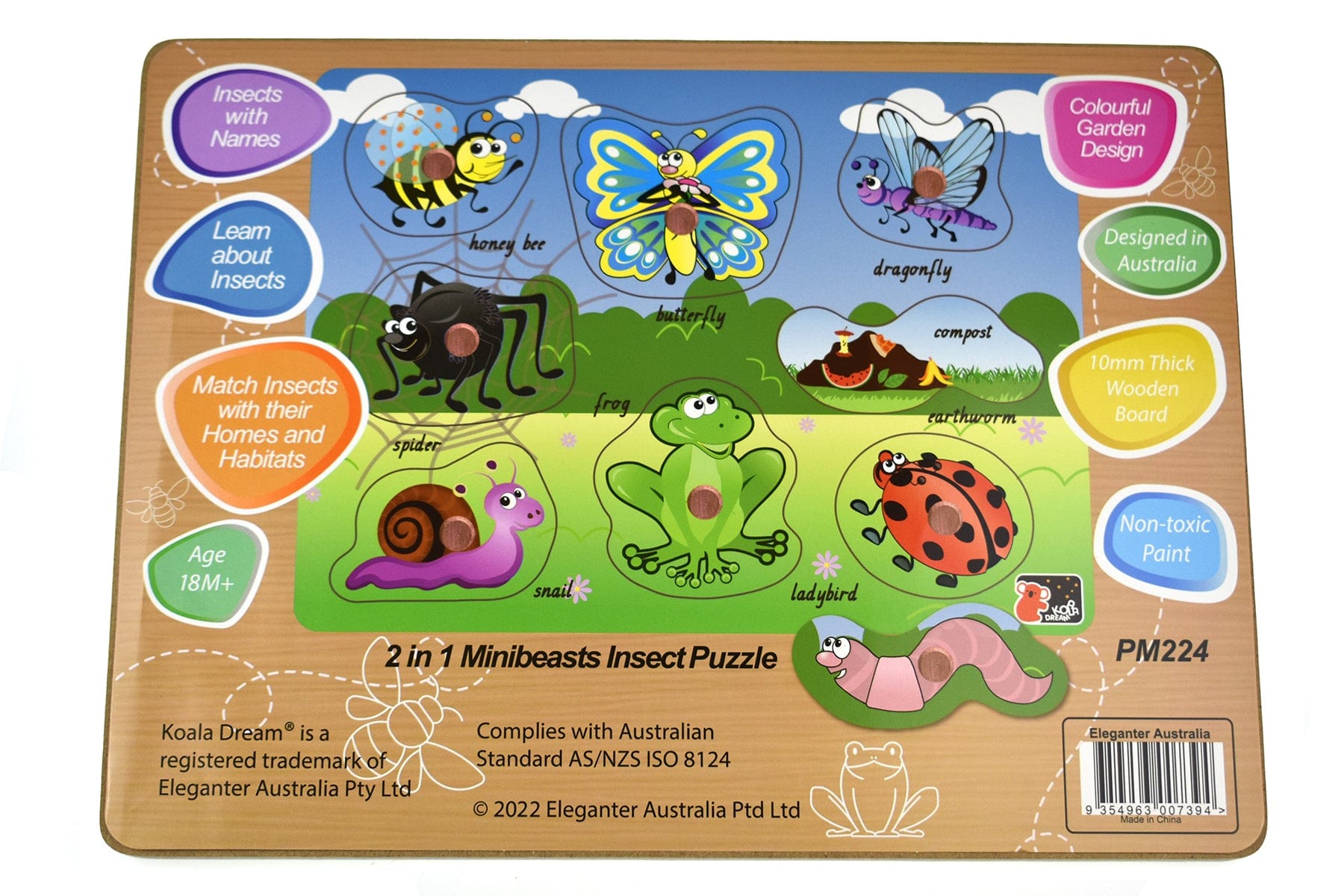 Kids Toy Chest Brand-Koala Dream, Games-Peg & Tray Puzzles Multicolor INSECT PEG PUZZLE