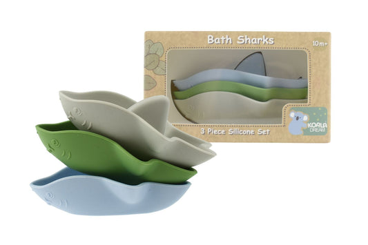 Kids Toy Chest Brand-Koala Dream, Gift-Baby Shower, Gift-Silicone Toys & Teethers BATH SHARKS SILICONE 3PC SET-BLUE/GREEN