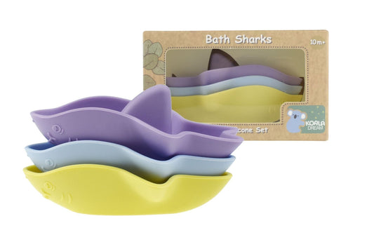 Kids Toy Chest Brand-Koala Dream, Gift-Baby Shower, Gift-Silicone Toys & Teethers BATH SHARKS SILICONE 3PC SET-YELLOW/PURPLE