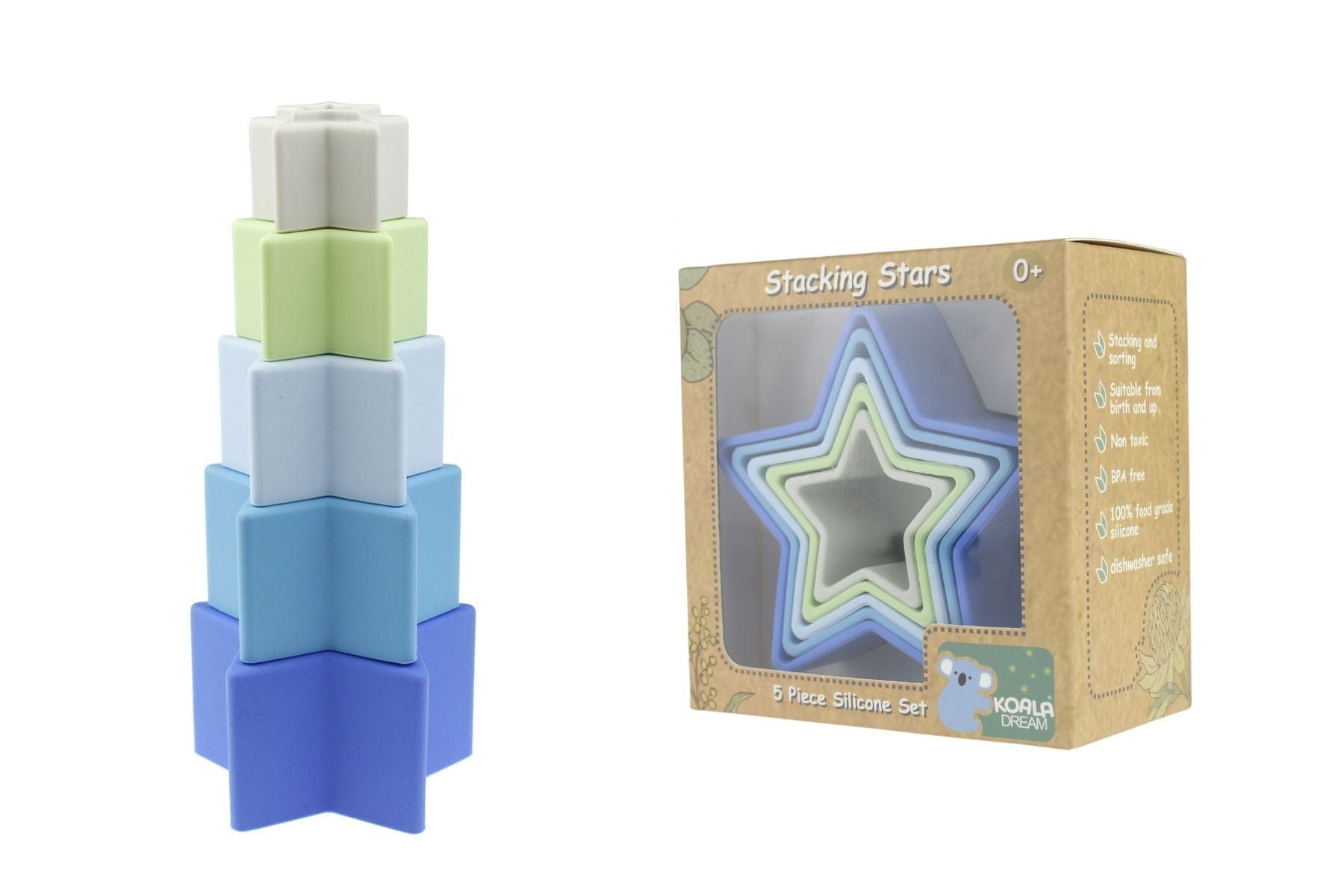 Kids Toy Chest Brand-Koala Dream, Gift-Baby Shower, Gift-Silicone Toys & Teethers STACKING STARS 5 PC SILICONE SET-BLUE/GREEN