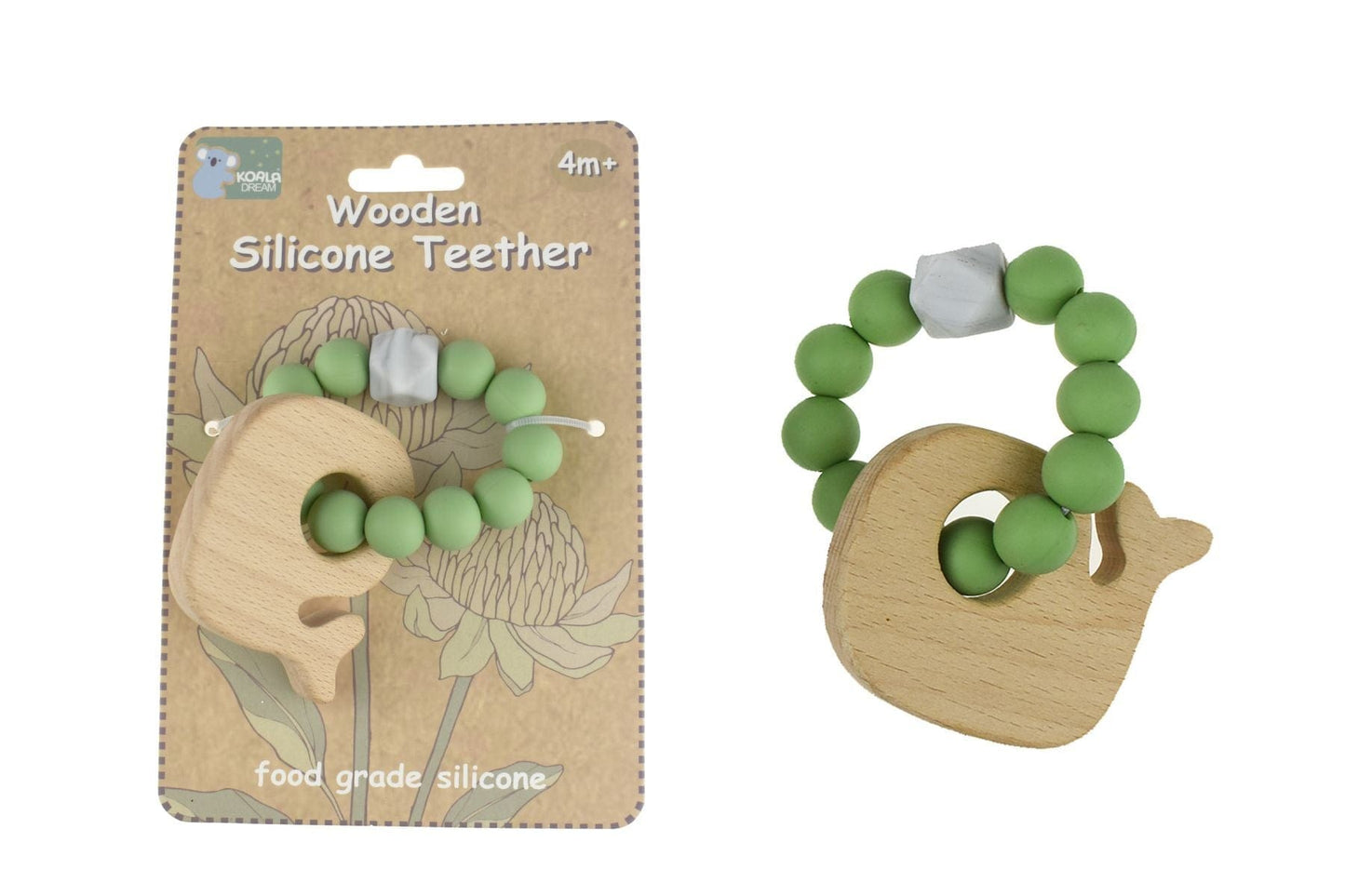 Kids Toy Chest Brand-Koala Dream, Toys-Rattles & Teethers, Gift-Baby Shower, Gift-Silicone Toys & Teethers Green Wooden Silicone Whale Teether