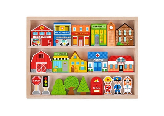 Kids Toy Chest Brand-Tooky Toy, Toys-Vehicles, X-FSC Certified TOWN PLAY SET IN WOODEN CASE